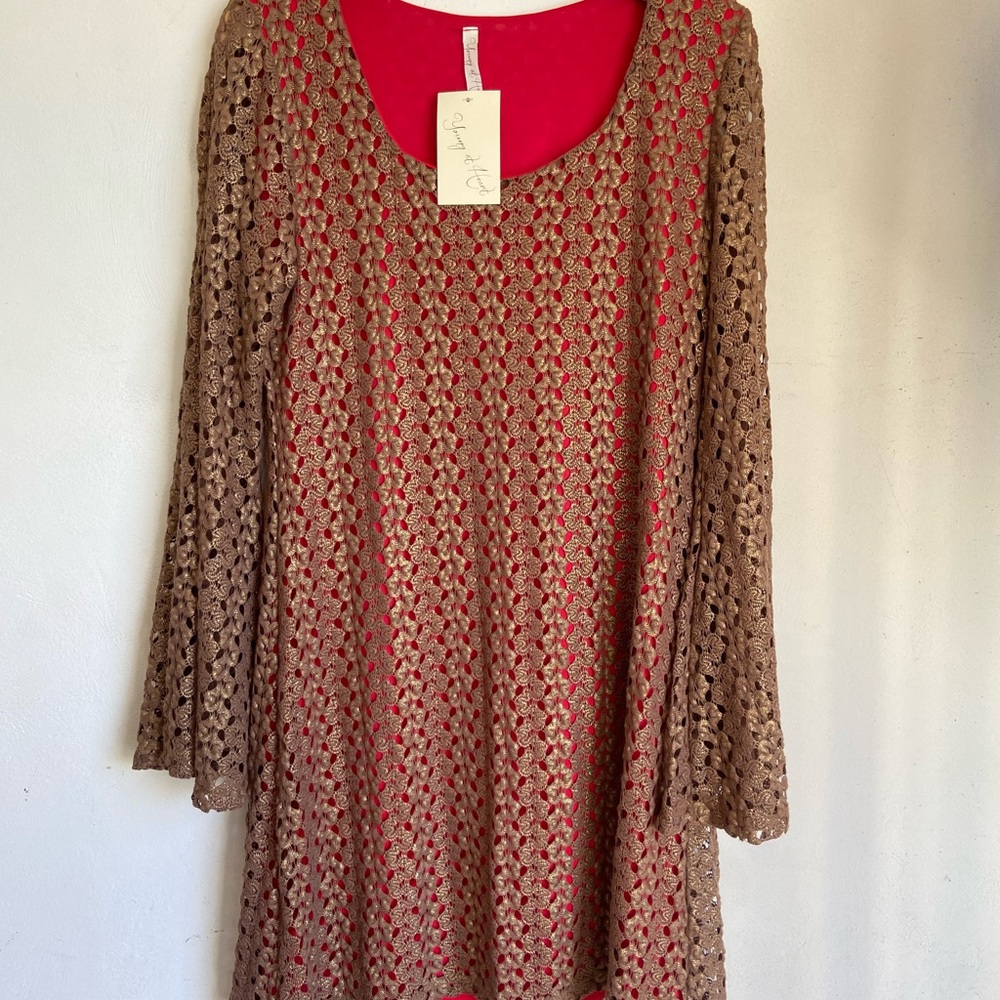 Elegant Long Sleeve Crochet Dress with Red Lining